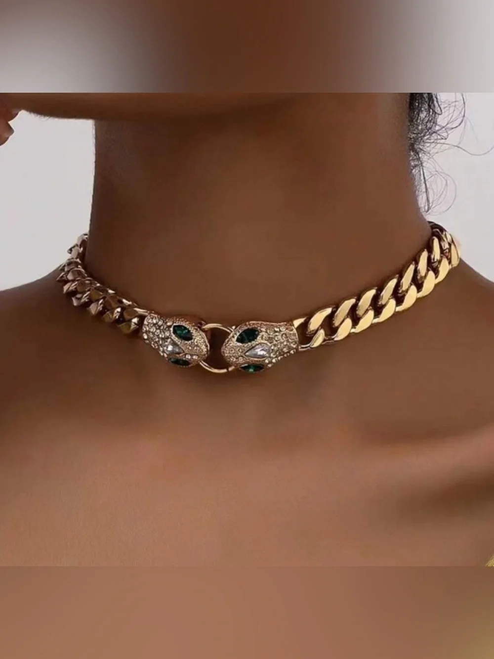Gold Snake Head Choker Necklace — Emerald Crystal Detail